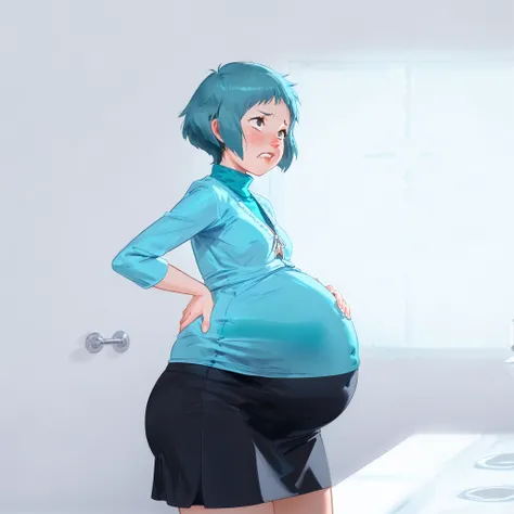 source_cartoon, fuukasummer, aqua hair, short hair, grey eyes, cardigan, green turtleneck, black skirt, perfect anatomy, , female, disgusted face, no makeup, perfect lighting, disgust emotions, small breasts, ,Stand upright、、、hands on back pose, jumper s...