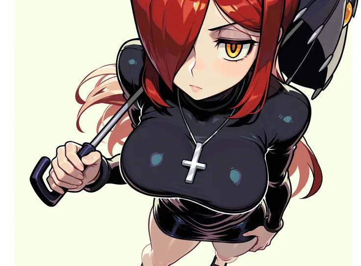 skirt, yellow eyes, jewelry, turtleneck sweater, bare legs, cross necklace, shoes,Solo,parasoul from Skullgirls,white long hair,left hand holding a black Parasol pointed down,right hand in waist, large breasts,serious,soft and smooth body curves,standing, ...