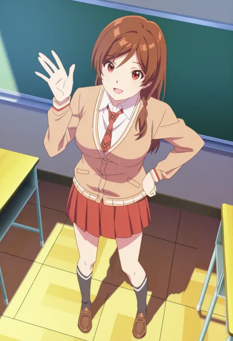 Sakuraimori Akane,solo,red skirt,brown hair,necktie,red eyes,brown cardigan,long hair,full body,school uniform,smile,open mouth,glossy lips,hand on own hip,red necktie,white shirt,black socks,standing,morning classroom background, loafers,from_above,waving