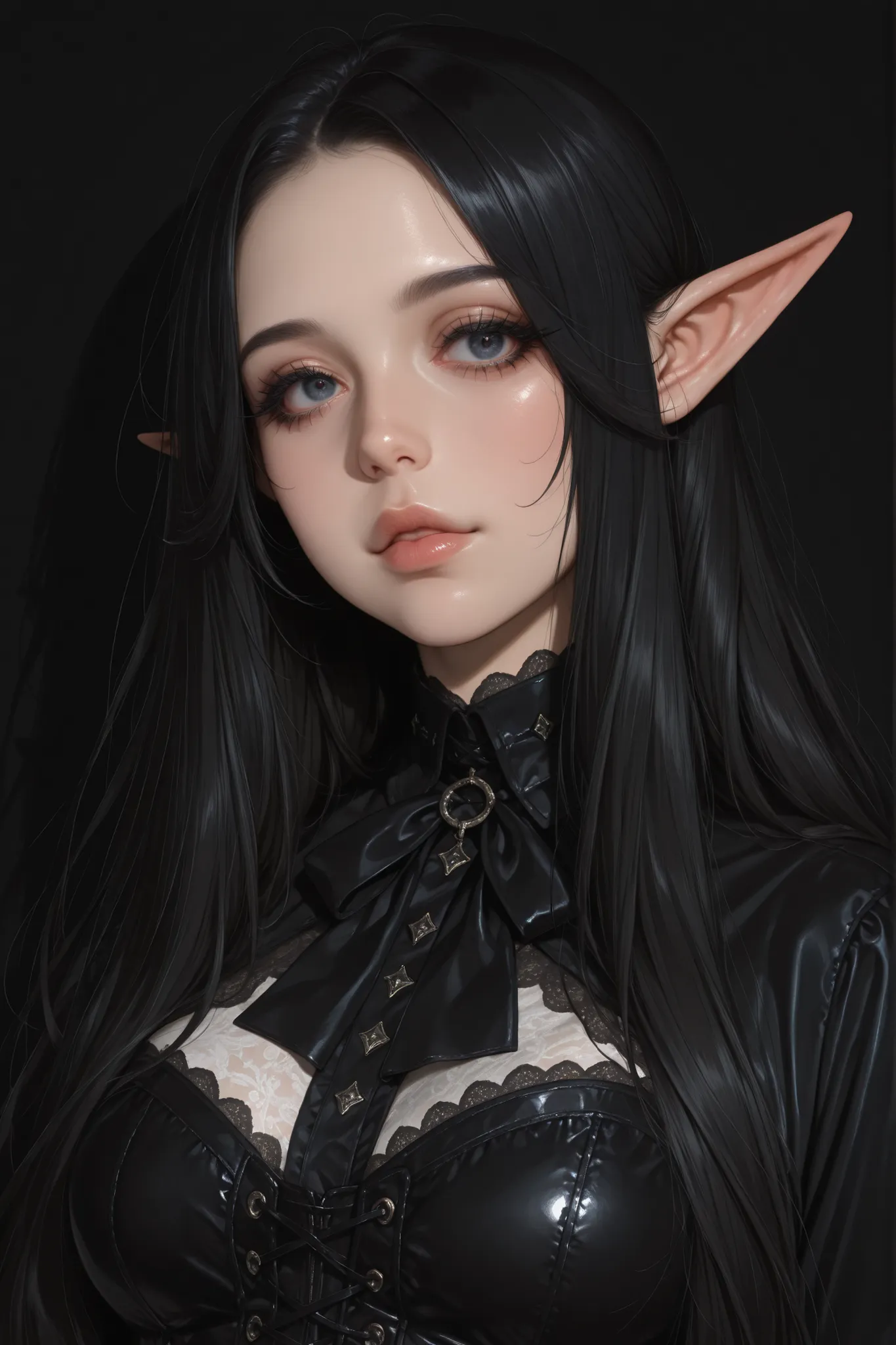 jacket, gloves, corset, blouse,thick eyelashes, long eyelashes, aegyo sal, tareme, gothic, goth fashion,conceptart, portrait ,dim lighting,simple background, morimee_style, cute face, detailed skin, detailed skin pore, skin texture style, solo, ((portrait)...