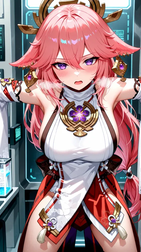 masterpiece,best quality,source_anime,1girl,solo,yae_miko,indoors,laboratory,stationary restraints,wide spread arms,closed legs,through wall,cowboy shot,looking at viewer, purple eyes, pink hair, very long hair, low-tied long hair, animal ears, fox ears, f...