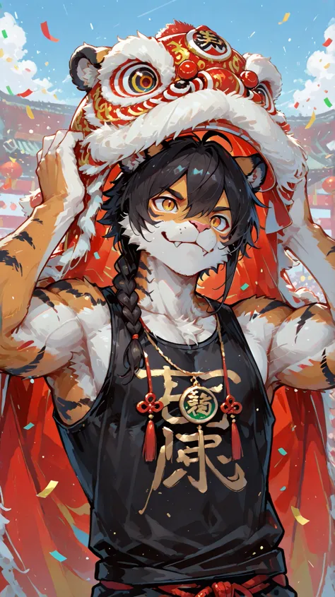 masterpiece, best quality, 8K resolution, HDR,4K resolution, sharp focus, vibrant colors, anime cel-shading style: Semi-realistic anime with detailed furry features, Lion Dance,(a muscular male tiger furry:1.3) with broad shoulders, orange fur covered in b...
