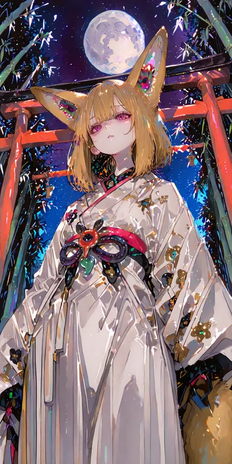 Background:shrine,In the precincts of Torii,bamboo forest,moon光で明るく照らされている,Pale bright night sky,moon,1girl,Young Fox Woman,Japanese style sexy kimono,Big fox ears,big fluffy fox tail, magatama pendant ,is facing the front,facing viewers,looking at viewers...