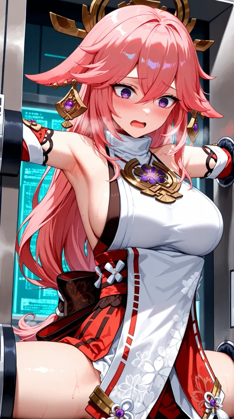 masterpiece,best quality,source_anime,1girl,solo,yae_miko,indoors,laboratory,stationary restraints,wide spread arms,wide spread legs,through wall,cowboy shot,purple eyes, pink hair, very long hair, low-tied long hair, animal ears, fox ears, floppy ears, ha...