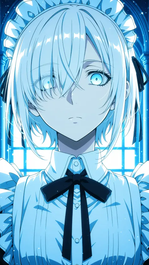 maid  giri , 
High quality ,  best quality , masterpiece,  High Resolution , anatomically correct,anime Coloring, Screencap
1girl,solo, tall woman, Cool woman,, androgynous,
White hair,short hair,, hair over one eye ,light blue eyes, ,  , flat chest
maid c...