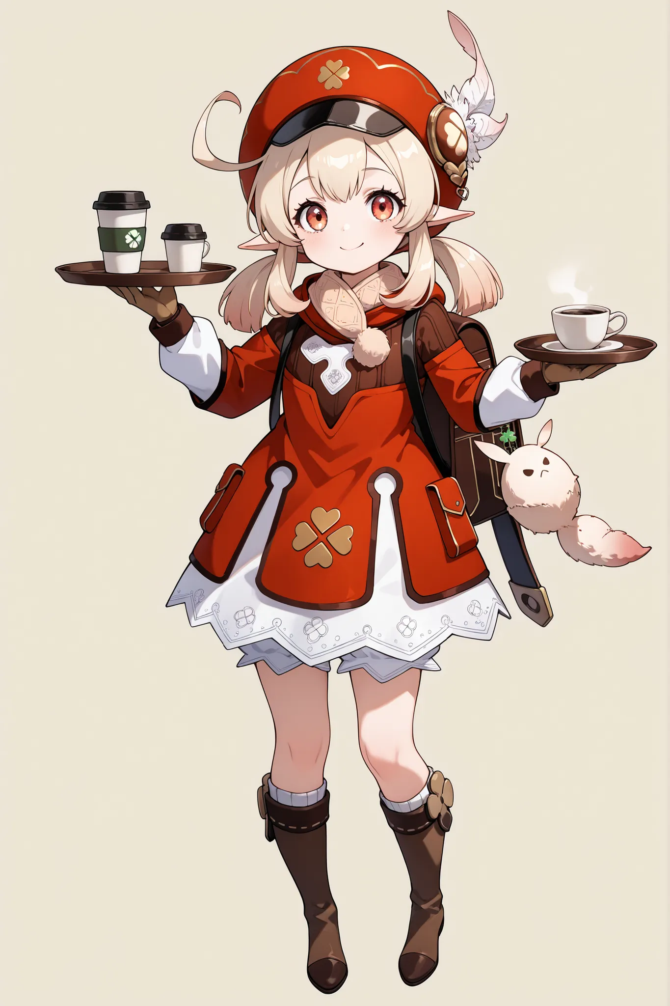 medium chest, (lush),
zzKlee without her hat, long hair, bangs, red eyes, between the eyes, double tails, ahoge, sidelocks, pointy ears, low double tails, light brown hair, gloves, take off your hat, long sleeves,  Bag , scarf, dress, backpack, pocket, kna...
