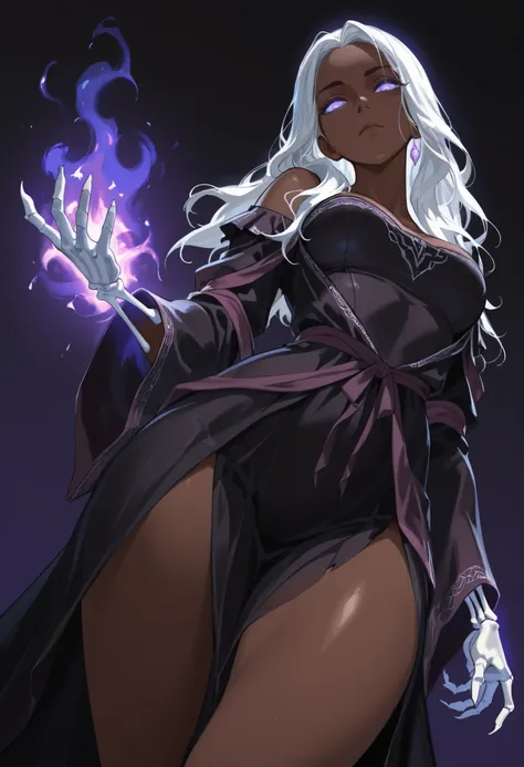 masterpiece,best quality, anime, RecluseER, 1girl, white hair, dark skin, from below, expressionless, head tilt, dutch angle, outstretched handskeletal disembodied hand, purple blue magic, solo, claws, cowboy shot , glowing eyes, dimmed, dark background, s...