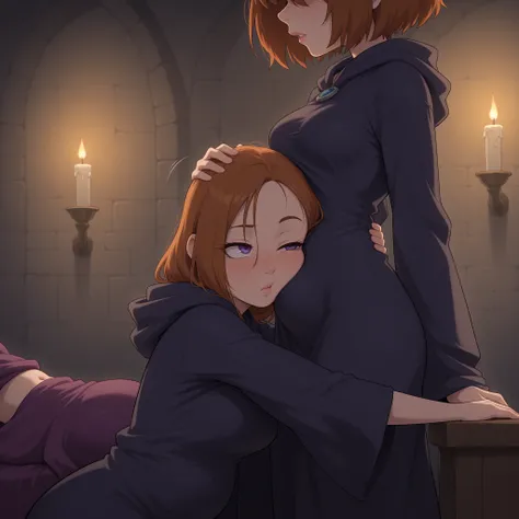 masterpiece, high quality, best quality, 
witch abode, dark medieval chamber, candle light, potions, witch robes, 
fully dressed, belly hidden by clothes, stomach covered by clothes
freckles, moles, detailed eyes, detailed lips,
slim body, slim waist, slim...