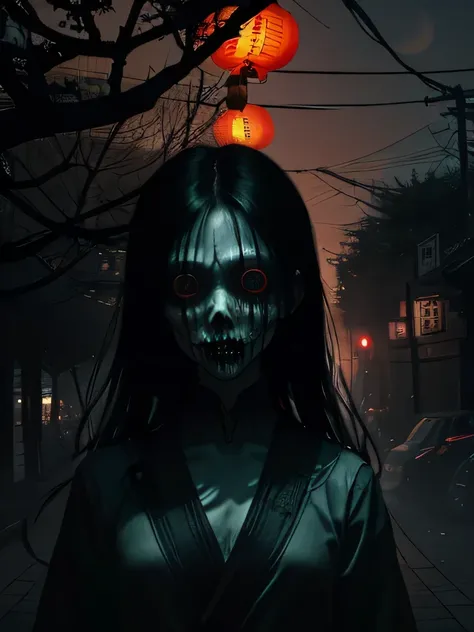 1 girl , , Scary costume , Chinese ghost festival,nakahara Universum,Geisterhafter Atem,Chiaroscuro in the city at night,Detailed texture of eerie tree branches,A transparent spirit floats in smoke,Laternen, hanging on a tree,flowers, Schattenbeleuchtung,b...