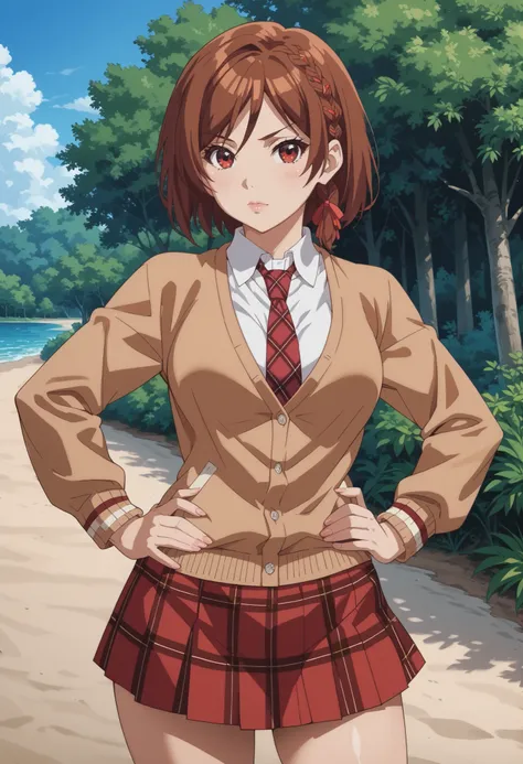 akane sakuramori, long hair, brown hair, red eyes, braid, hair ribbon, medium breasts, glossy lips ,anime screencap, wide hips, thighs, beach, wide hips, thighs, in the park, skirt, shirt, long sleeves, school uniform, necktie, collared shirt, plaid, red s...