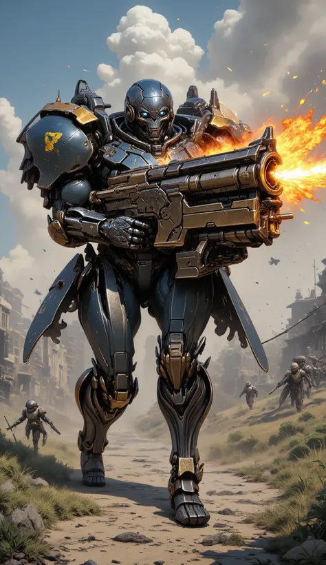 A huge massacre weapon consisting of a Colt-type pistol base and a caterpillar tank attached to it runs across the battlefield, spraying fire from its muzzle.、Explosion and destruction、Blow away enemy camp、Pistol-type armored vehicle、