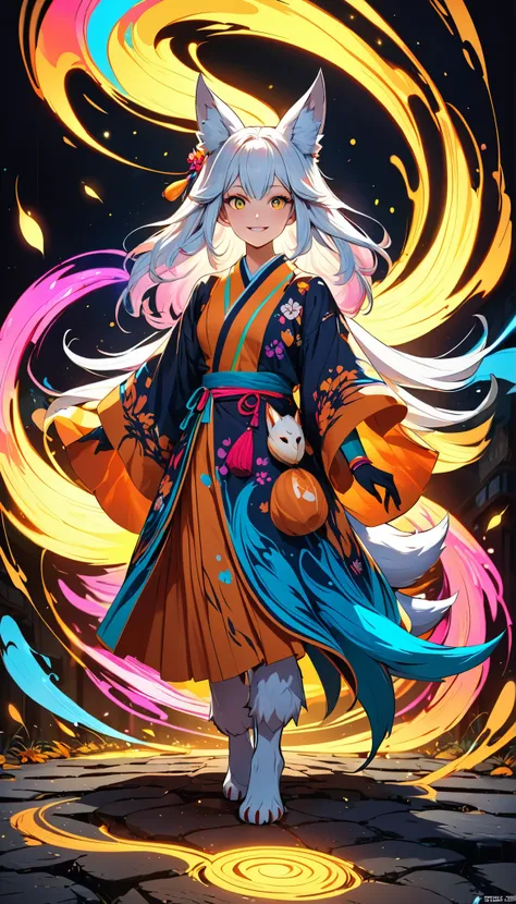 A Fuchsgeist that has walked an incredibly long way and left footprints, Focus on long-lasting footprints, anthropomorphized kitsune (Fuchsgeist) mascot with big expressive eyes and a cheerful expression, The kitsune should be playful and inviting, dressed...