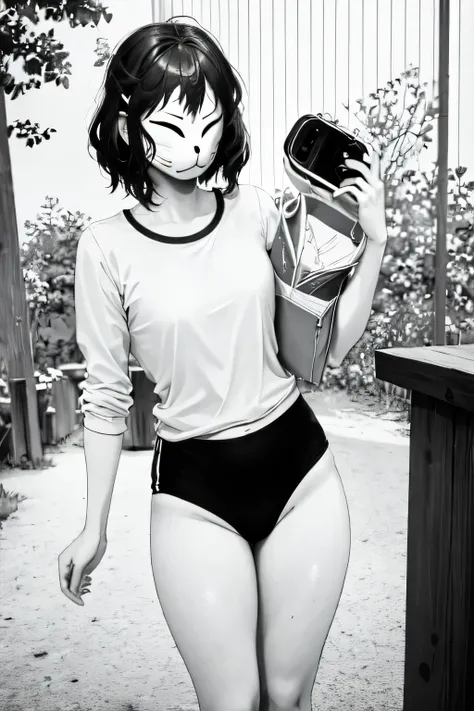 monochrome,anbu,1girl,medium hair,black hair,wearing a black gymnastics bloomers,highleg,self wedgie,white blouse,standing,torii,solo,