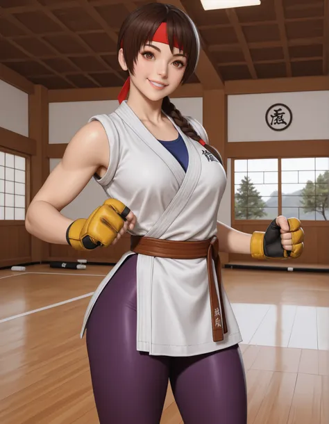 uocst3t1c, UOCestetic ,UOC estetic, masterpiece, best quality, amazing quality, absurdres, newest, 1girl, solo, YRISKIKOF, brown hair, single braid, brown eyes, red headband, dougi, blue undershirt, yellow mma gloves, martial arts belt, purple leggings, co...
