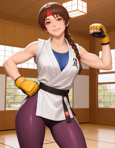 masterpiece, best quality, amazing quality, absurdres, newest, 1girl, solo, YRISKIKOF, brown hair, single braid, brown eyes, red headband, dougi, blue undershirt, yellow mma gloves, martial arts belt, purple leggings, cowboy shot, smile, dojo, sakura tree,...
