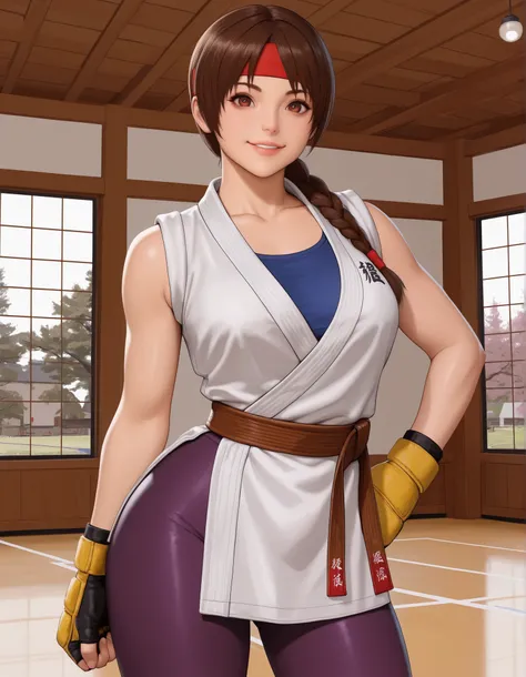 masterpiece, best quality, amazing quality, absurdres, newest, 1girl, solo, YRISKIKOF, brown hair, single braid, brown eyes, red headband, dougi, blue undershirt, yellow mma gloves, martial arts belt, purple leggings, cowboy shot, smile, dojo, sakura tree,...