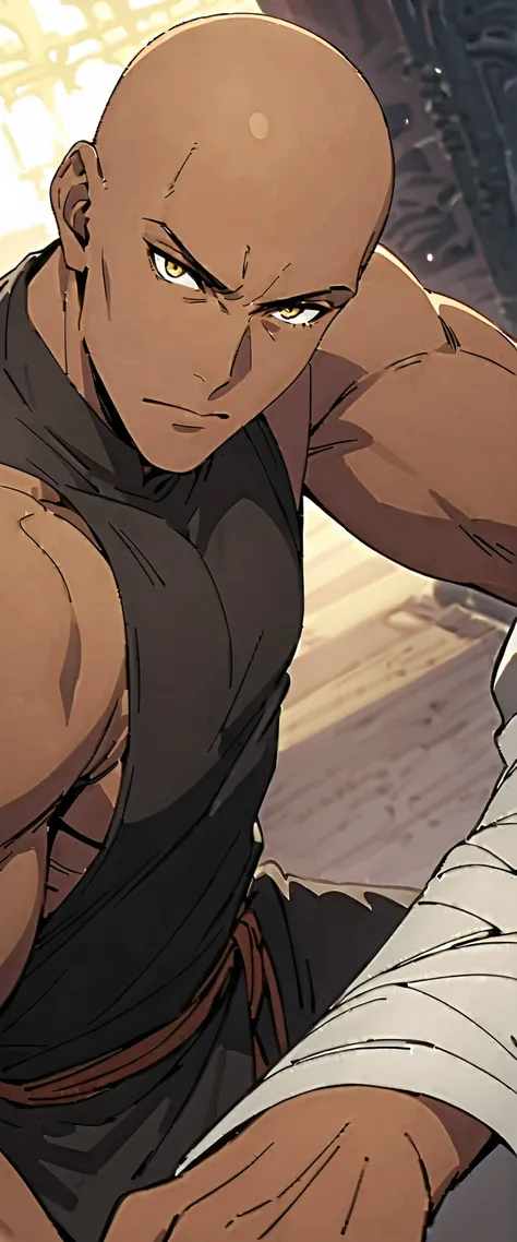 (high-quality, breathtaking),(expressive eyes, perfect face) 1boy, male, solo, young adult, yellow eyes, (bald hairstyle), (dark skin), soft serious expression, Monk profession, martial artist, well built body, pants, knuckle bandages, fantasy clothing, fa...