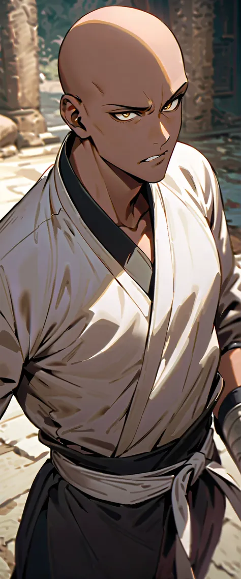(high-quality, breathtaking),(expressive eyes, perfect face) 1boy, male, solo, young adult, yellow eyes, (bald hairstyle), (dark skin), soft serious expression, Monk profession, martial artist, well built body, pants, knuckle bandages, fantasy clothing, fa...