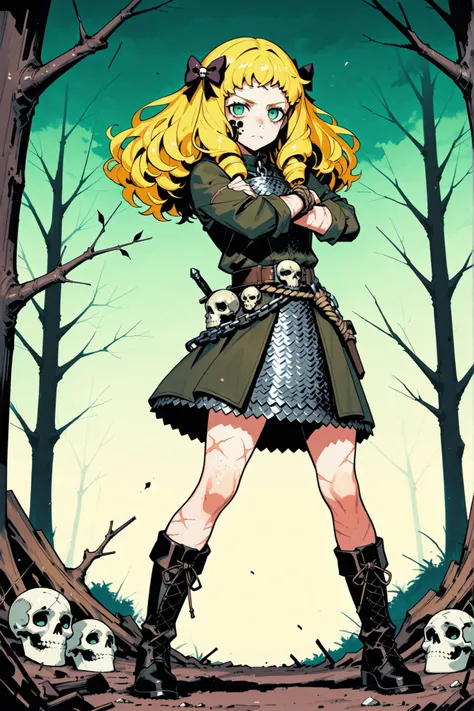 score_9,score_8_up,score_7_up 1 girl, blonde hair, (brainded hair), freckles on the face, scars, chain mail, chain mail with branches, brown rope, mini skulls on the belt, black boots, (dark wood bow), dark green pantes, dynamic pose with bow