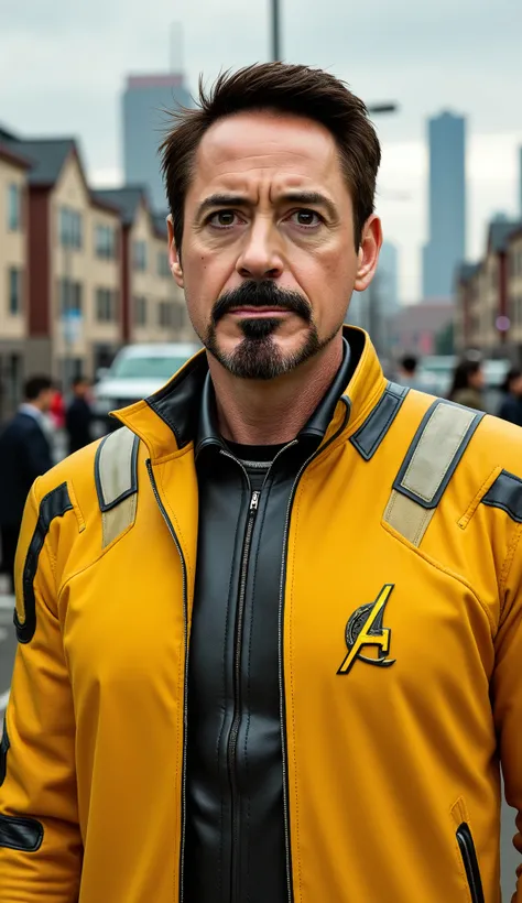 ROBERT DOWNEY JR in yellow suit with shiny black and gray details high quality Kansas city background with houses and people in the background and rain