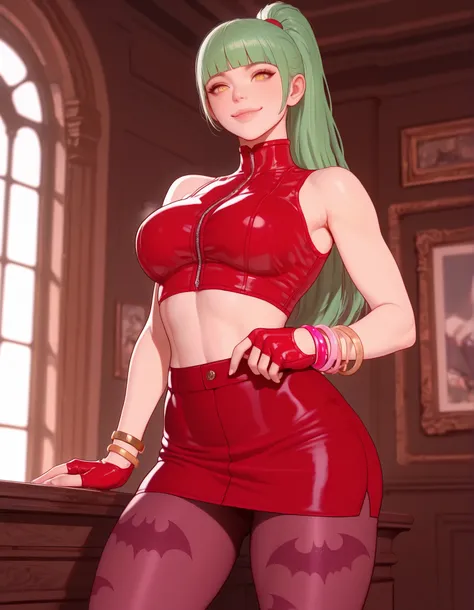 masterpiece, best quality, amazing quality, absurdres, newest, 1girl, solo, MORMVCIALT, green hair, blunt bangs, yellow eyes, high ponytail, red crop top, sleeveless, bangle,fingerless gloves,  red pencil skirt, pantyhose, bat print, cowboy shot, smile, vi...