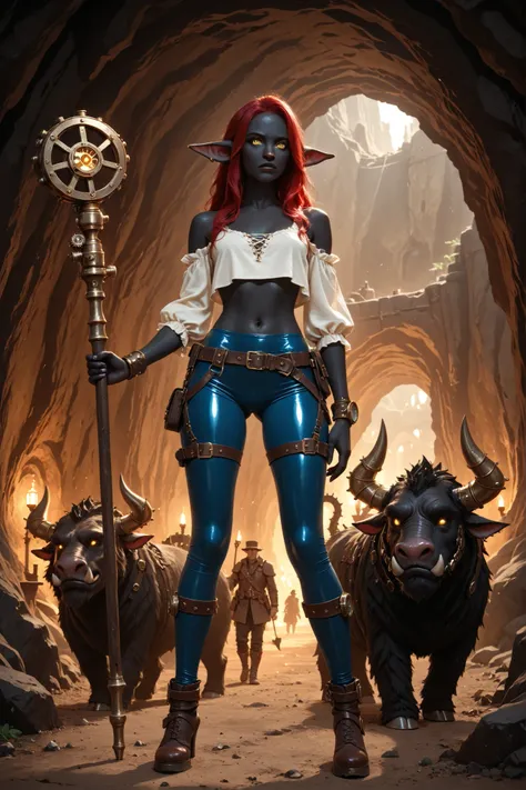  Firbolg, dnd race, blue leather, red hair, long hair, Firbolg, fluffy, big nose, animal ears, yellow eyes, Blakc fur, firbolg ears,Firbolg, black skin, standing, perfect eyes, very small breasts, navel, steampunk, bare shoulders, white crop top overhang, ...