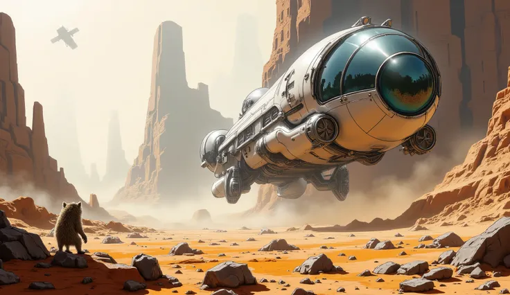 ((masterpiece)), HDR, landscape of another planet, rocky surface with sparse vegetation, 2 satellites of the planet in the sky, rocky asteroids covered with craters, anti-gravity high-tech transport is rapidly flying over the surface in the center, side vi...