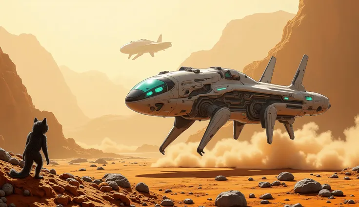 ((masterpiece)), HDR, landscape of another planet, rocky surface with sparse vegetation, 2 satellites of the planet in the sky, rocky asteroids covered with craters, anti-gravity high-tech transport is rapidly flying over the surface in the center, side vi...