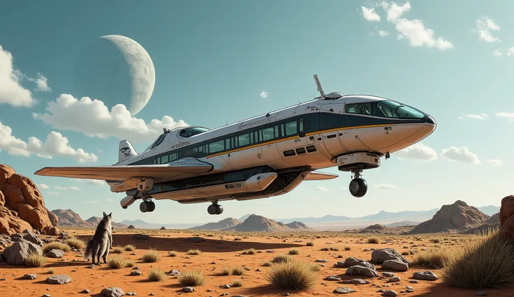 ((masterpiece)), HDR, landscape of another planet, rocky surface with sparse vegetation, 2 small asteroid moons covered with craters in the sky, anti-gravity high-tech transport is rapidly flying over the surface in the center, side view, angular contours ...