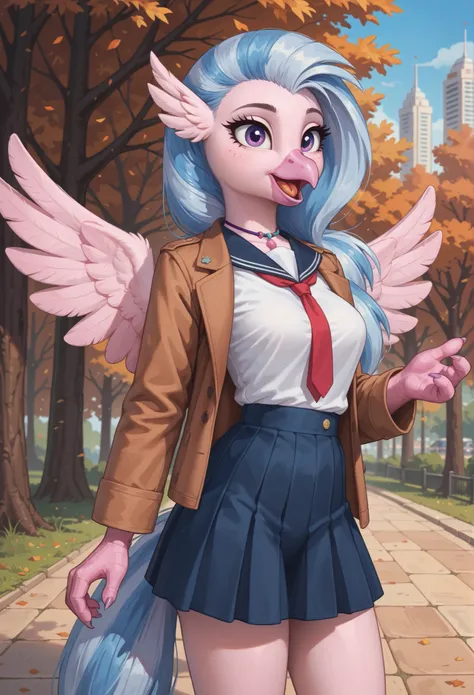 score_9, score_8_up, score_7_up, score_6_up, score_5_up, score_4_up, 1girl, Silverstream from my little pony, solo, (pink wings), violet beak, anthro, 30yo, pony, show accurate, middle breasts, wide hips, 4k, ultra detailed, focus eyes, happy, open mouth w...