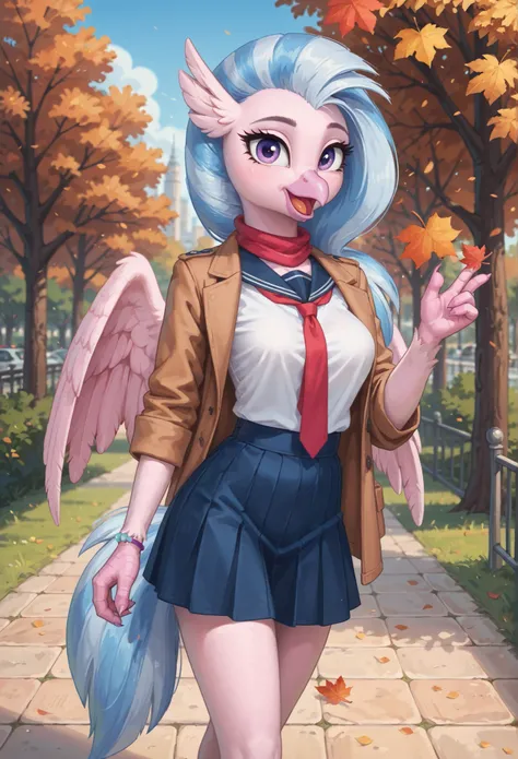 score_9, score_8_up, score_7_up, score_6_up, score_5_up, score_4_up, 1girl, Silverstream from my little pony, solo, (pink wings), violet beak, anthro, 30yo, pony, show accurate, middle breasts, wide hips, 4k, ultra detailed, focus eyes, happy, open mouth w...