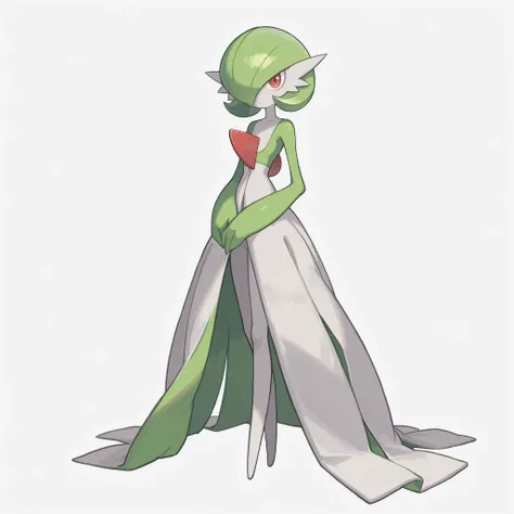 masterpiece, ultra-HD, impressionism, high detail, best quality, very aesthetic, 8k, best quality, beautiful, Gardevoir, 1girl, solo, pokemon (creature), white skin, green hair, short hair, red eyes, white dress, green sleeves, slim, serious, cute, hands o...
