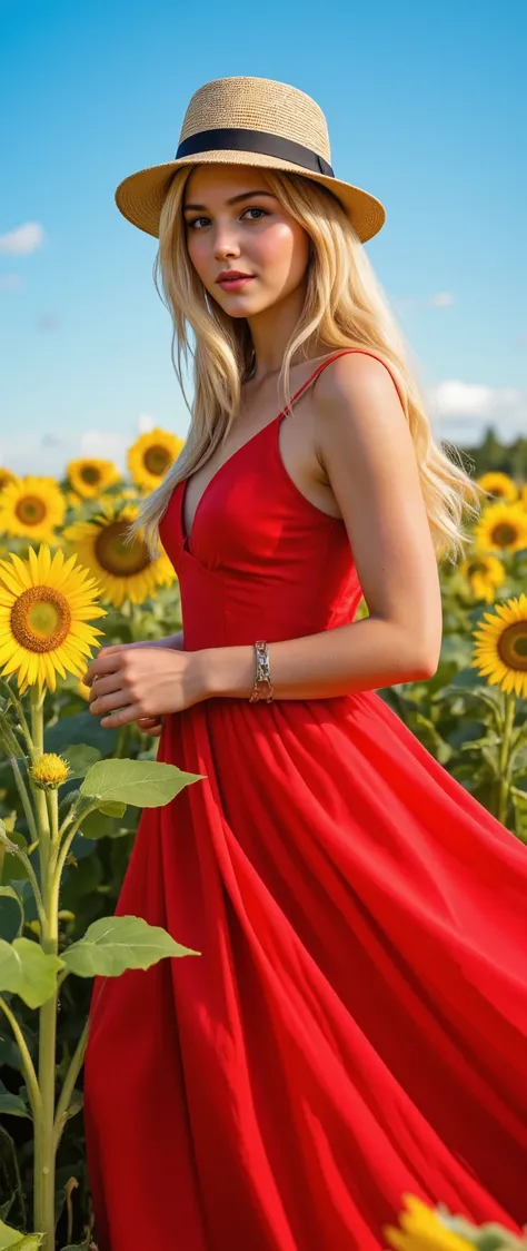 highdefinition images、Fuwa、1 personの女の子、1 person、(red dress:1.2)、Relaxed Dress(hat:1.2)、Sunflower field、Under the Sun、ogipote 、viewers、wind、Dynamic、Strong Light and Dark、
