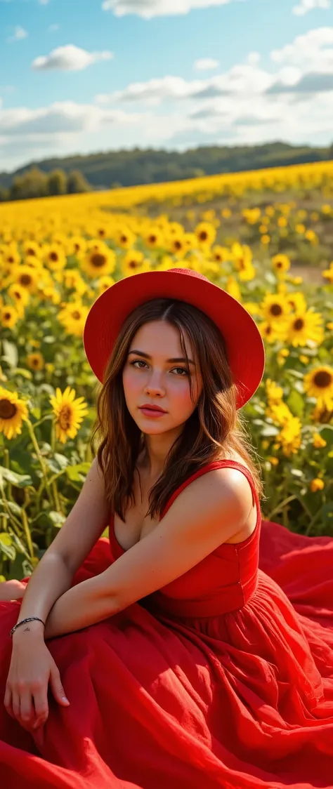 highdefinition images、Fuwa、1 personの女の子、1 person、(red dress:1.2)、Relaxed Dress(hat:1.2)、Sunflower field、Under the Sun、ogipote 、viewers、wind、Dynamic、Strong Light and Dark、