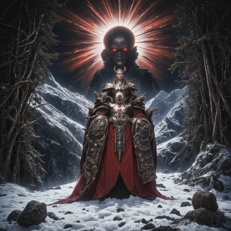 Mediebal gothic art nouveau tableau depicted with surreal majesty and extremely high detail of a veryy isolated scene on a frozen mountain in Wallachia lying in the middle of the dense primeval forests there.   Dracula, the Voivode of that country, is seen...