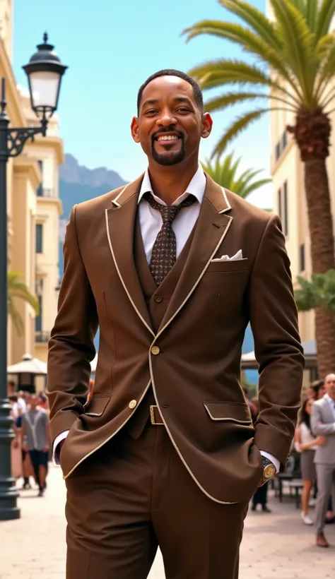 Will Smith in a brown suit with white details in high quality Monaco city background with people, trees and lamp posts in high quality