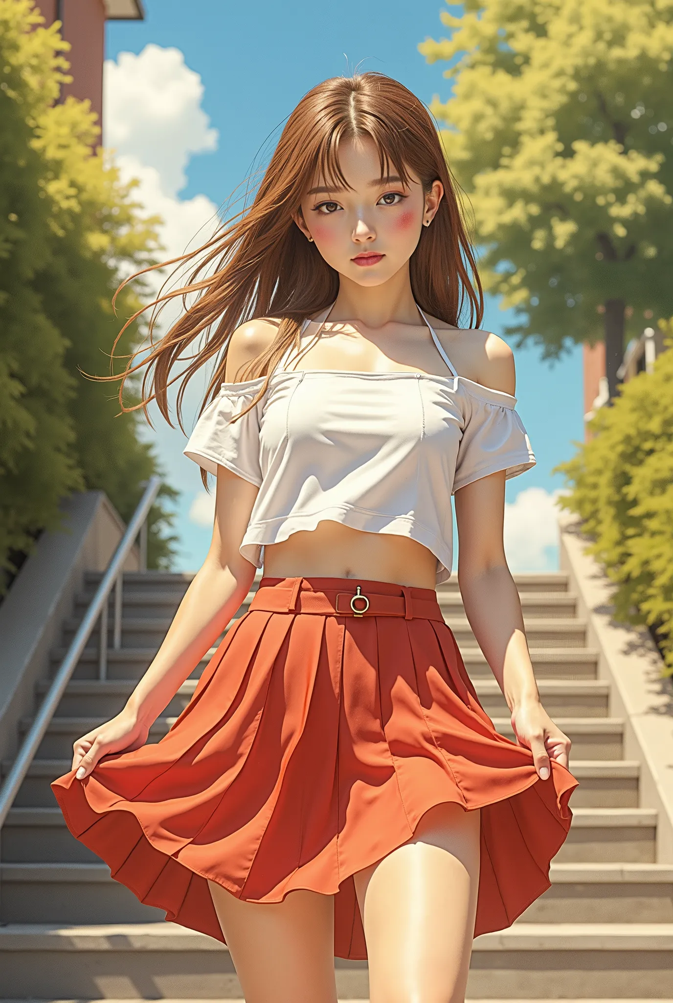 (( next to the viewers top quality 、In 8K、masterpiece:1.3))Summer Sun、on school stairs、Send the wind with a fan、hold a skirt、sweaty skin、Face suffering from heat