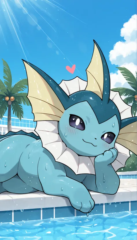 Vaporeon,pokemon,(young :1.4),solo,best quality,best resolution,resort,plam tree,sunbeam,blue sky,swimming pool,sweating,heart expression,happy face,smile,lying in water,looking at viewer,on side,close up