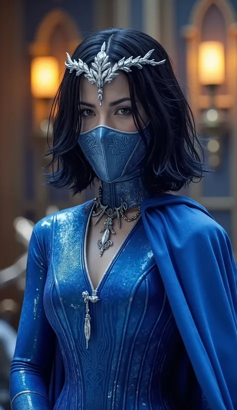 Kate Beckinsale  como kitana cinematográfica – Kitana: a lâmina real de Edenia foco no rosto 

Envolta em vestes reais azul-cobalto, Kitana se apresenta como uma figura de nobreza e letalidade. Sua máscara ornamentada que cobre sua boca realça seus olhos d...