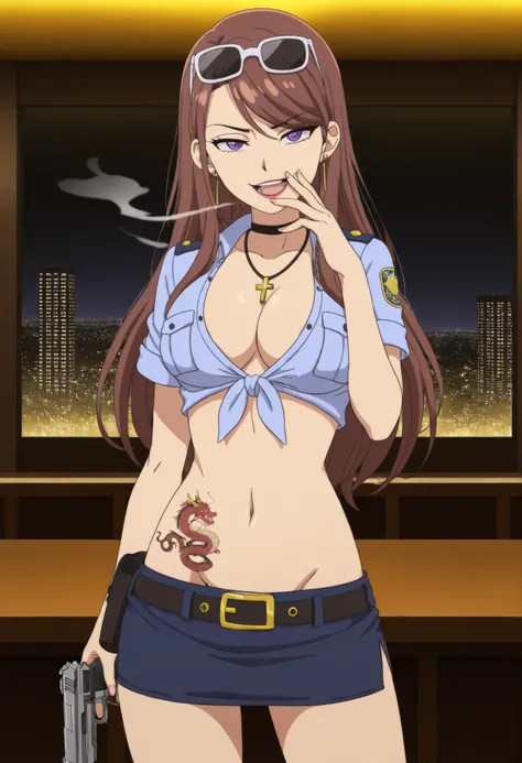 masterpiece, best quality, amazing quality, 1girl,
 KJOasis, brown hair, purple eyes,   swept bangs, lipstick, 
, serious,  looking at viewer, slim belly,
cross necklace,,, open mouth, cowboy shot,,naughty face expression,ear piercing, long hair, , lipstic...