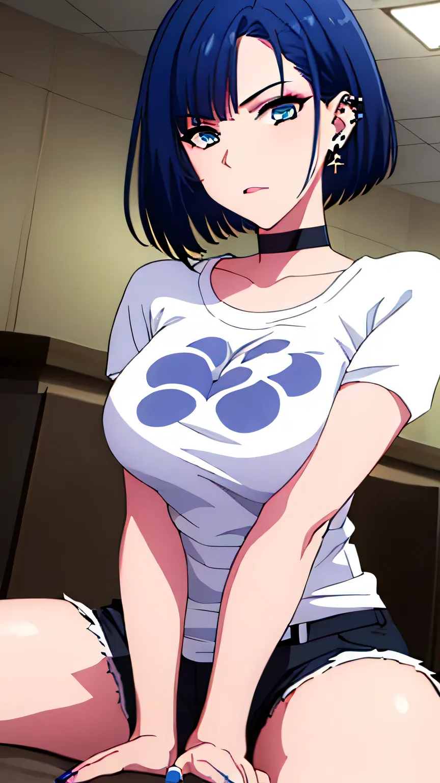 (masterpiece, best quality, high resolution, 8k:1.2), (anime coloring:1.2), highly detailed, tachibana, (medium breasts), blue eyes, short hair, blue hair, bob cut, beautiful eyes, perfect eyes, fine eyes, brown eyes, featuring big highlights, detailed fac...