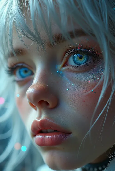 (Close-up of an excellent masterpiece:1.5)0.9]，(Space and astronauts:1.2) (Messy silver hair:1.1) (Heterochromatic eyes, yellow, blue eyes:1.2) (Casque spatial:1.0) (with colored stars in the eye:1.0) (Dazzling light:1.1) (Thick lip:0.9)