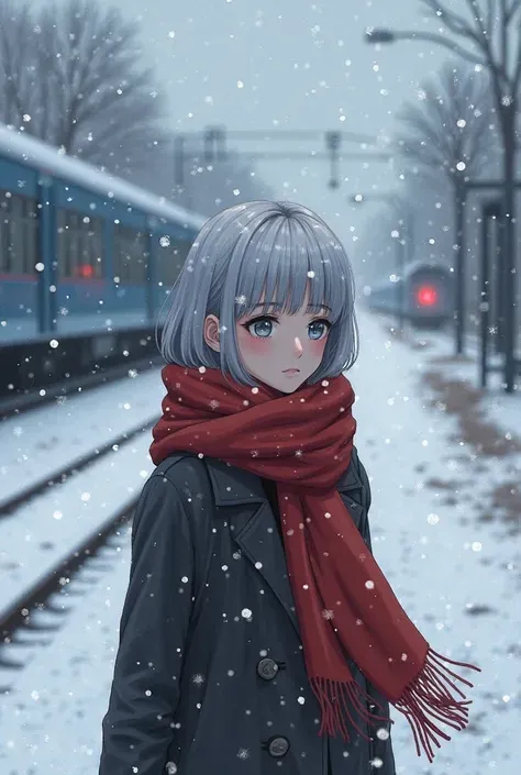 A girl with silver hair and a red scarf stands on a snow-covered train platform, As a distant train approaches，Snowflakes fall on her eyelashes. The picture is full of film feeling, Deeply emotional, ，Full of a sense of farewell. Painted with digital water...