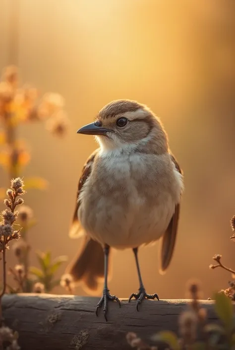 A charming close-up photo,shows a beautiful bird,illuminated by soft golden light on a quiet morning,with a bokeh ball gently framing its petite body