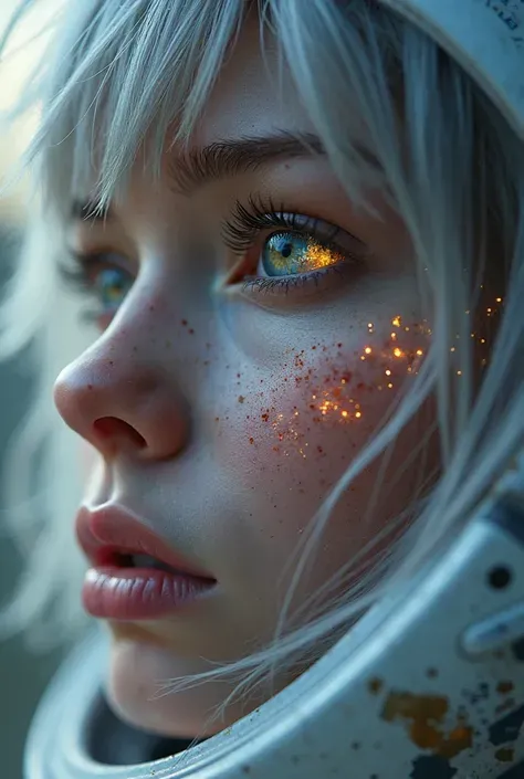 (Close-up of an excellent masterpiece:1.5)0.9]，(Space and astronauts:1.2) (Messy silver hair:1.1) (Heterochromatic eyes, yellow, blue eyes:1.2) (Casque spatial:1.0) (with colored stars in the eye:1.0) (Dazzling light:1.1) (Thick lip:0.9)