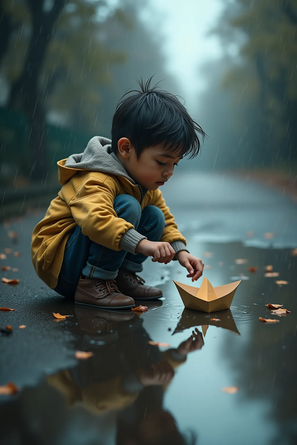After a rainstorm,A young boy with messy hair playing with a paper boat by a puddle. The reflection of cloudy skies and scattered leaves adds a melancholy yet magical tone to the wet floor. scene depicts. digitally presents,emphasizes texture - moist surfa...