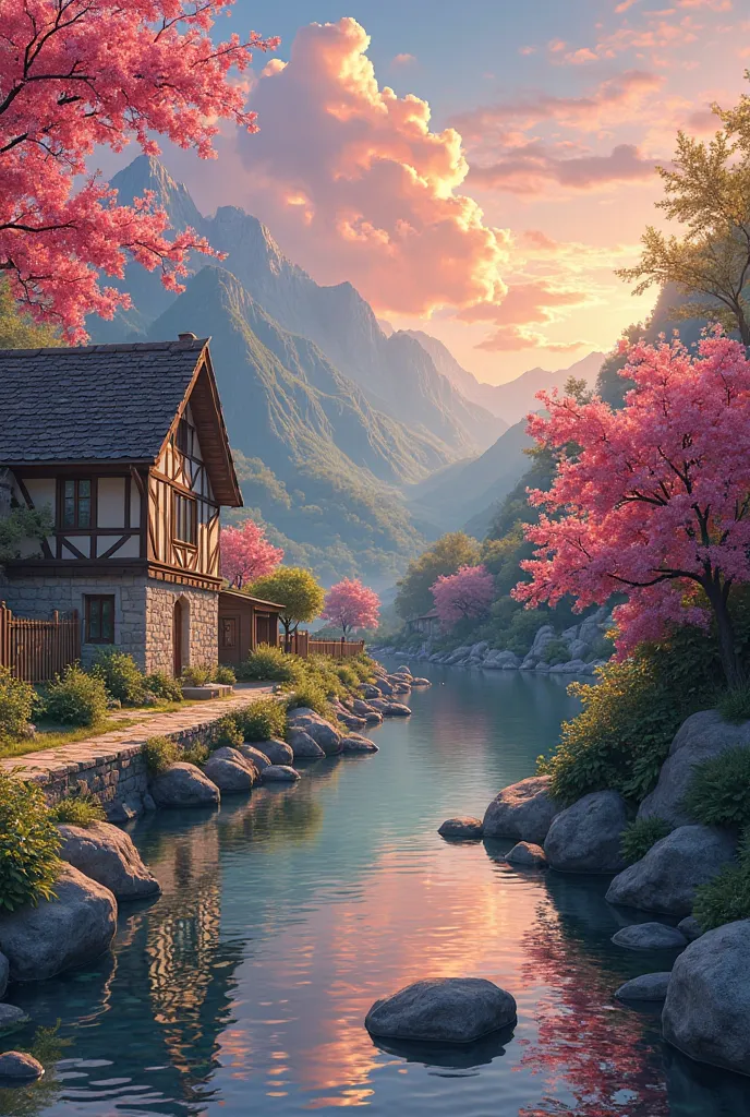 a small village by the river,Background is mountains,Flowers bloom,Brightly colored,Detailed Scenery,Beautiful Natural Scenery,Ambiance Lighting,Burning Sunsets,a warm color palette,utility,utility摄影,Detailed Leaves,Intricate architecture,cobblestone stree...