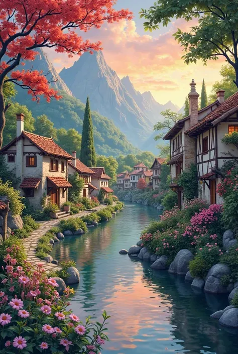 a small village by the river，Background is mountains，Flowers bloom，Brightly colored，Detailed Scenery，Beautiful Natural Scenery，Ambiance Lighting，Burning Sunsets，a warm color palette，utility，utility摄影，Detailed Leaves，Intricate architecture，cobblestone stree...