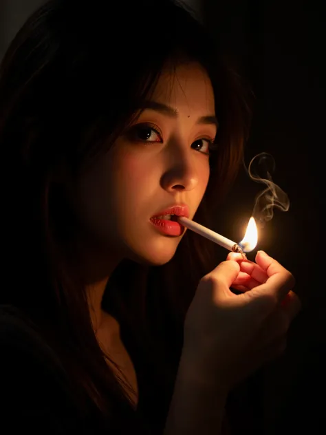 A close-up portrait of an Asian woman's face illuminated by the orange glow of flames dancing at her fingertips as she lights a cigarette held between her lips. Wisps of smoke rise from the cigarette tip against a dark, shadowy background. The woman's faci...
