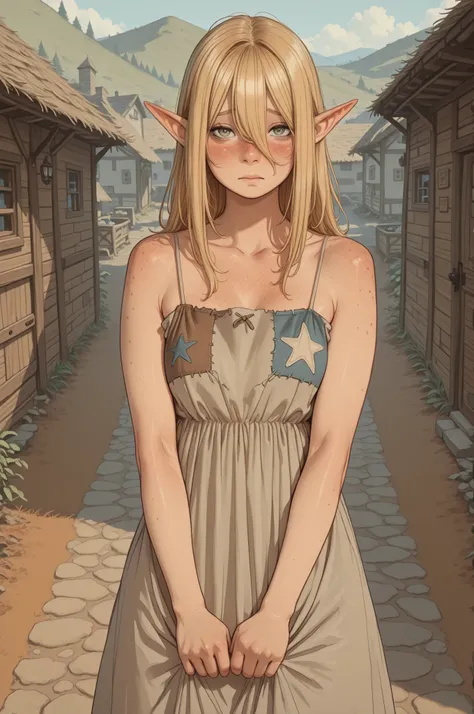 1 girl, blonde hair, long bangs, elf ears, light skin, freckles, voluptuous, patch dress, hands on the hem of the dress, village background, look at viewer, shy, looking from above 
